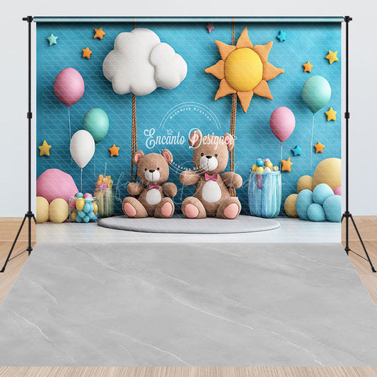 Lofaris Blue Sky Cloud Sun Bear Cake Smash Combo Set Backdrop