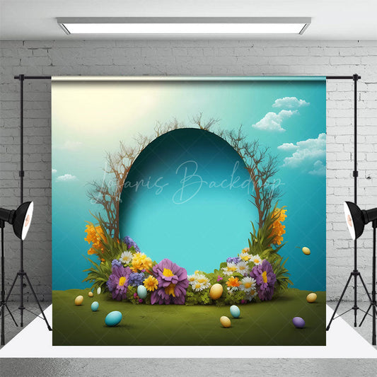 Lofaris Blue Sky Clouds Sunny Eggs Floral Easter Backdrop