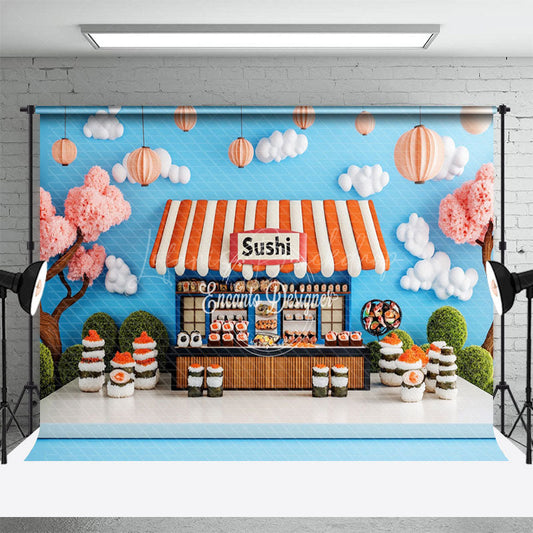 Lofaris Blue Sky Clouds Trees Sushi Store Cake Smash Backdrop