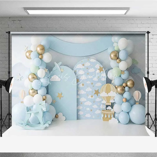 Lofaris Blue Sky Hot Air Balloon Backdrop Gold Stars Clouds Rocking Horse Photography Background Baby Shower Decoration