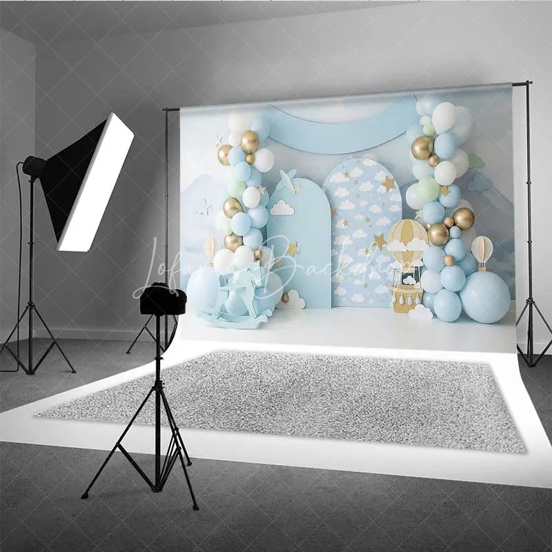 Lofaris Blue Sky Hot Air Balloon Backdrop Gold Stars Clouds Rocking Horse Photography Background Baby Shower Decoration