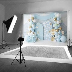 Lofaris Blue Sky Hot Air Balloon Backdrop Gold Stars Clouds Rocking Horse Photography Background Baby Shower Decoration