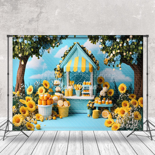 Lofaris Blue Sky Lemonade Stand Floral Summer Photo Backdrop