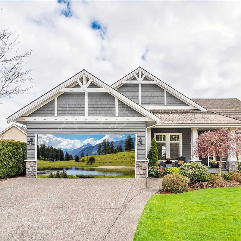 Lofaris Blue Sky Mountain Grassland Lake Garage Door Banner