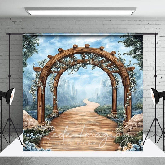 Lofaris Blue Sky Mountain Spring Floral Arch Photo Backdrop