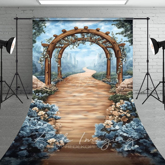 Lofaris Blue Sky Mountain Spring Floral Arch Sweep Backdrop