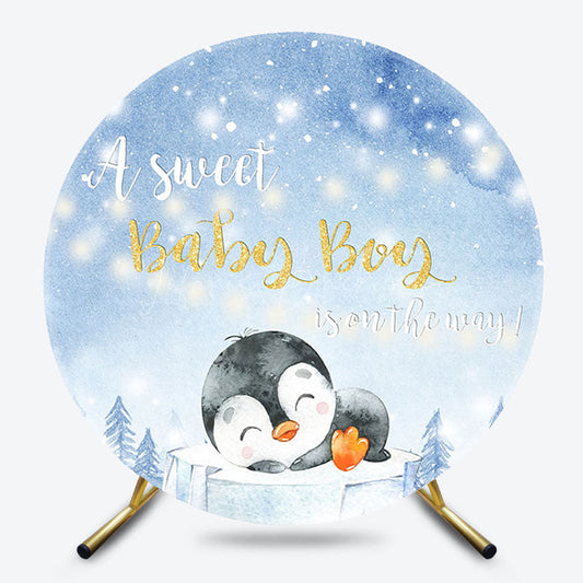 Lofaris Blue Snowy A Sweet Baby Boy Penguin Round Backdrop