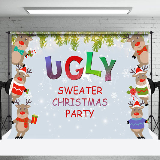 Lofaris Blue Snowy Elk Ugly Sweater Christmas Party Backdrop