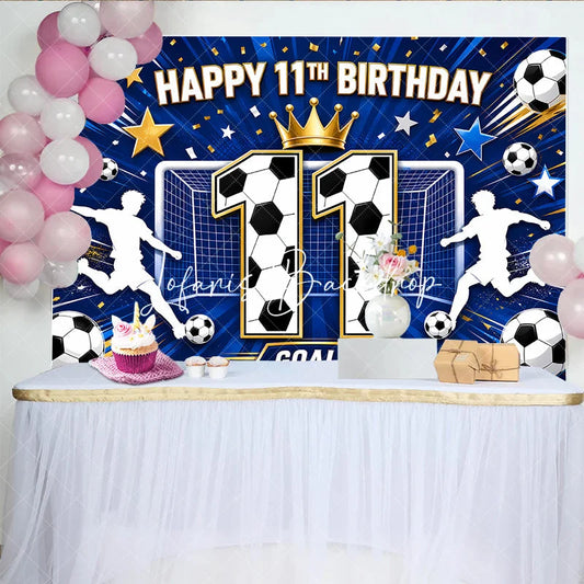Lofaris Blue Soccer Happy 11th Birthday Backdrop Boys Sports Theme Goal Net and Player Silhouette Party Decor