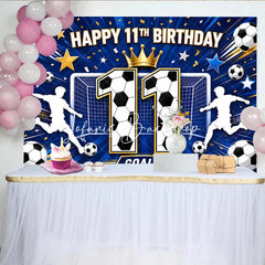 Lofaris Blue Soccer Happy 11th Birthday Backdrop Boys Sports Theme Goal Net and Player Silhouette Party Decor