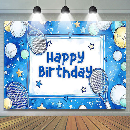 Lofaris Blue Starry Tennis Sports Happy Birthday Backdrop
