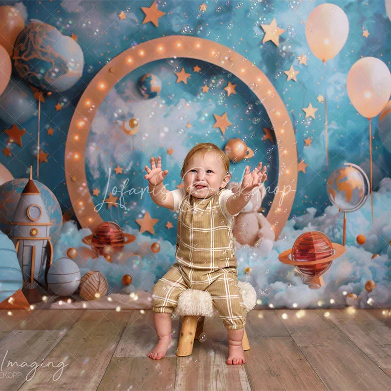 Lofaris Blue Starry Wall Moon Galaxy Bear Cake Smash Backdrop