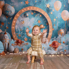Lofaris Blue Starry Wall Moon Galaxy Bear Cake Smash Backdrop