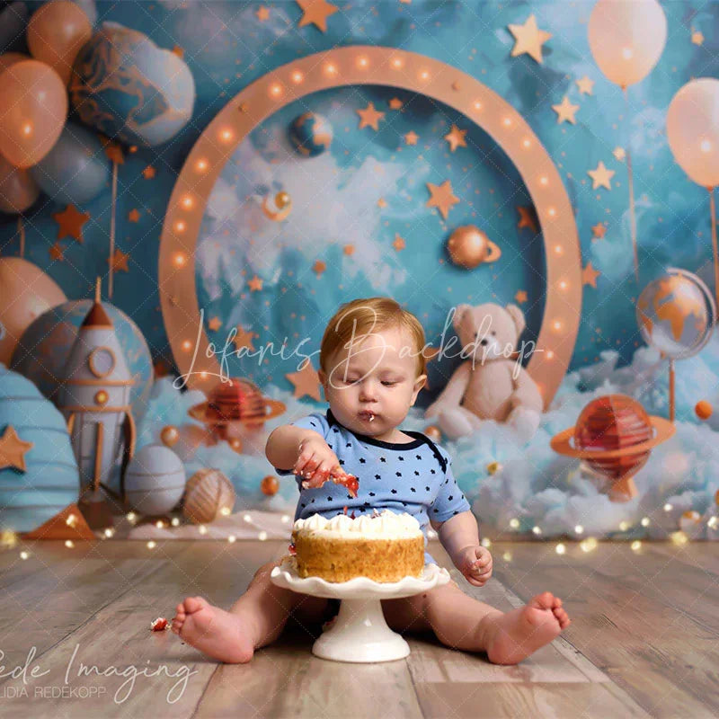 Lofaris Blue Starry Wall Moon Galaxy Bear Cake Smash Backdrop