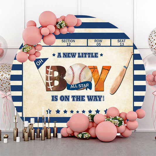 Lofaris Blue Stripe Ball Sports Round Baby Shower Backdrop