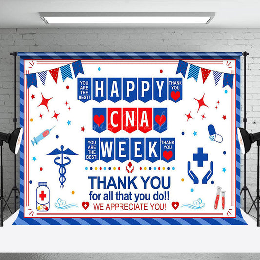 Lofaris Blue Stripe Happy CNA Week Thank You Party Backdrop
