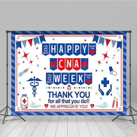 Lofaris Blue Stripe Happy CNA Week Thank You Party Backdrop
