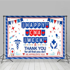 Lofaris Blue Stripe Happy CNA Week Thank You Party Backdrop