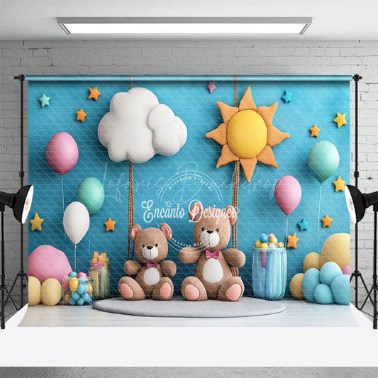 Lofaris Blue Sun Cloud Balloon Teddy Bear Cake Smash Backdrop