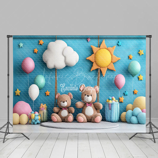 Lofaris Blue Sun Cloud Balloon Teddy Bear Cake Smash Backdrop