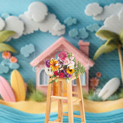 Lofaris Blue Surfboard Cartoon Summer Cake Smash Backdrop