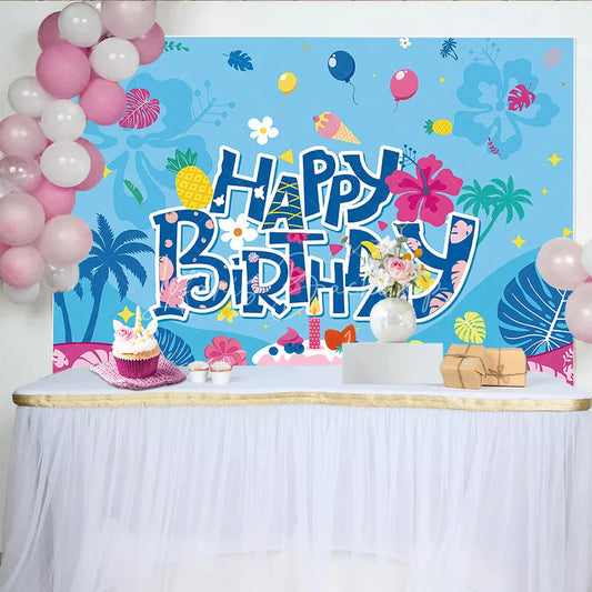 Lofaris Blue Tropical Happy Birthday Backdrop with Palm Trees Pineapple Cake and Balloons for Party Decor