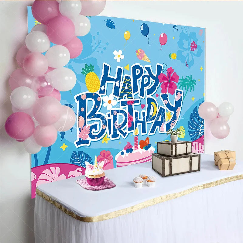Lofaris Blue Tropical Happy Birthday Backdrop with Palm Trees Pineapple Cake and Balloons for Party Decor