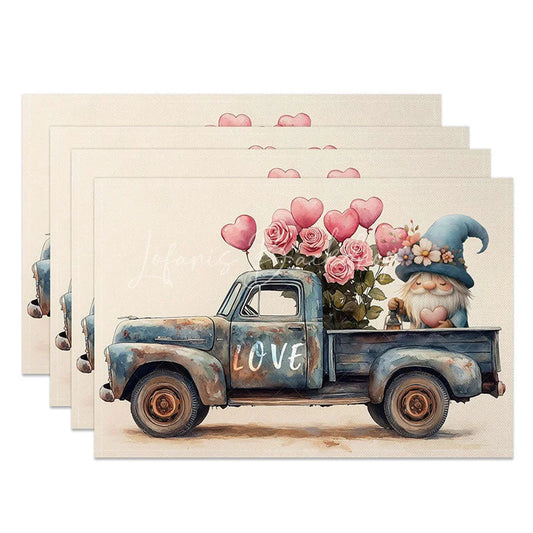 Lofaris Blue Truck Gnome Heart Set of 4 Placemats Valentine Rose Decoration Rustic Farmhouse Dining Table Mat