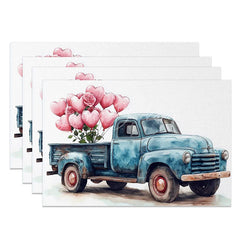 Lofaris Blue Truck Pink Heart Balloon Set of 4 Placemats Watercolor Rose Valentine Decoration Farmhouse Romance Table Mat