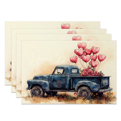 Lofaris Blue Truck Red Heart Balloon Set of 4 Placemats Valentine Rose Decoration Watercolor Romance Table Mat