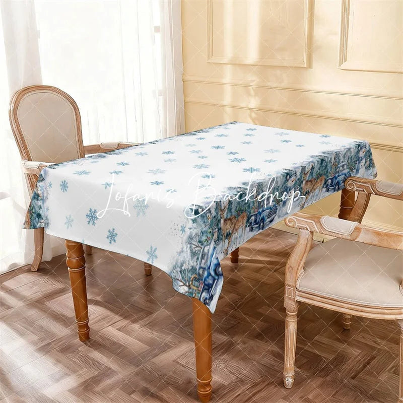 Lofaris Blue Truck Snowman Deer Winter Wonderland Rectangle Tablecloth Snowy Forest Christmas Holiday Decor
