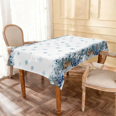 Lofaris Blue Truck Snowman Deer Winter Wonderland Rectangle Tablecloth Snowy Forest Christmas Holiday Decor