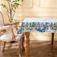 Lofaris Blue Truck Snowman Deer Winter Wonderland Rectangle Tablecloth Snowy Forest Christmas Holiday Decor