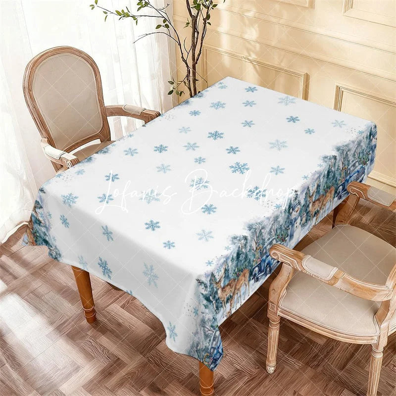 Lofaris Blue Truck Snowman Deer Winter Wonderland Rectangle Tablecloth Snowy Forest Christmas Holiday Decor