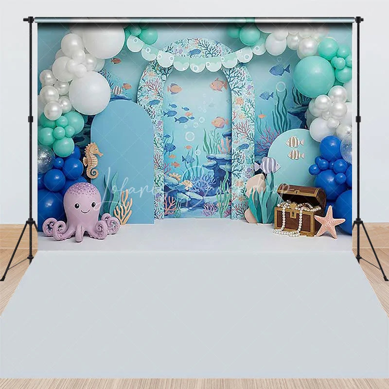 Lofaris Blue Under the Sea Ocean Combo Set Backdrop with Cute Octopus Seahorse and Treasure Chest for Kids Birthday Party