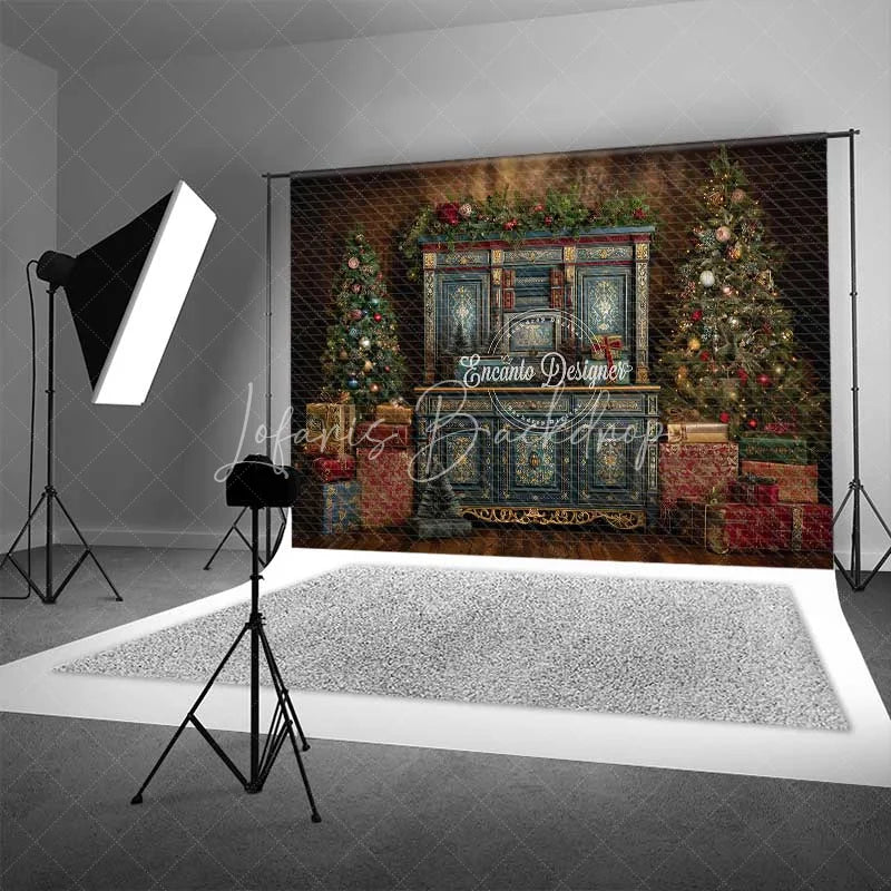 Lofaris Blue Vintage Cabinet Christmas Backdrop Gold Accent Gift Box Photography Background