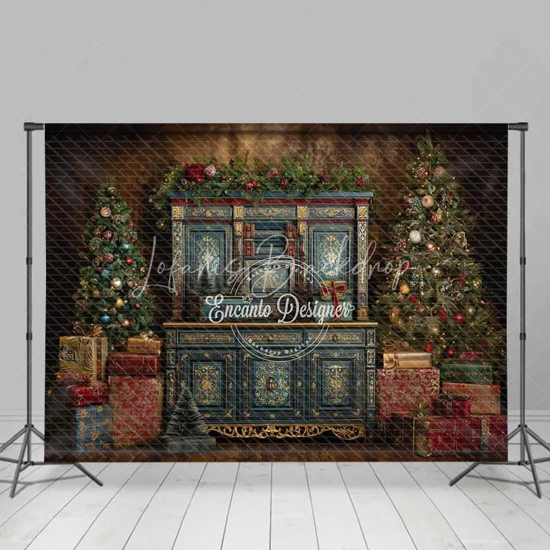 Lofaris Blue Vintage Cabinet Christmas Backdrop Gold Accent Gift Box Photography Background