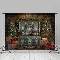 Lofaris Blue Vintage Cabinet Christmas Backdrop Gold Accent Gift Box Photography Background