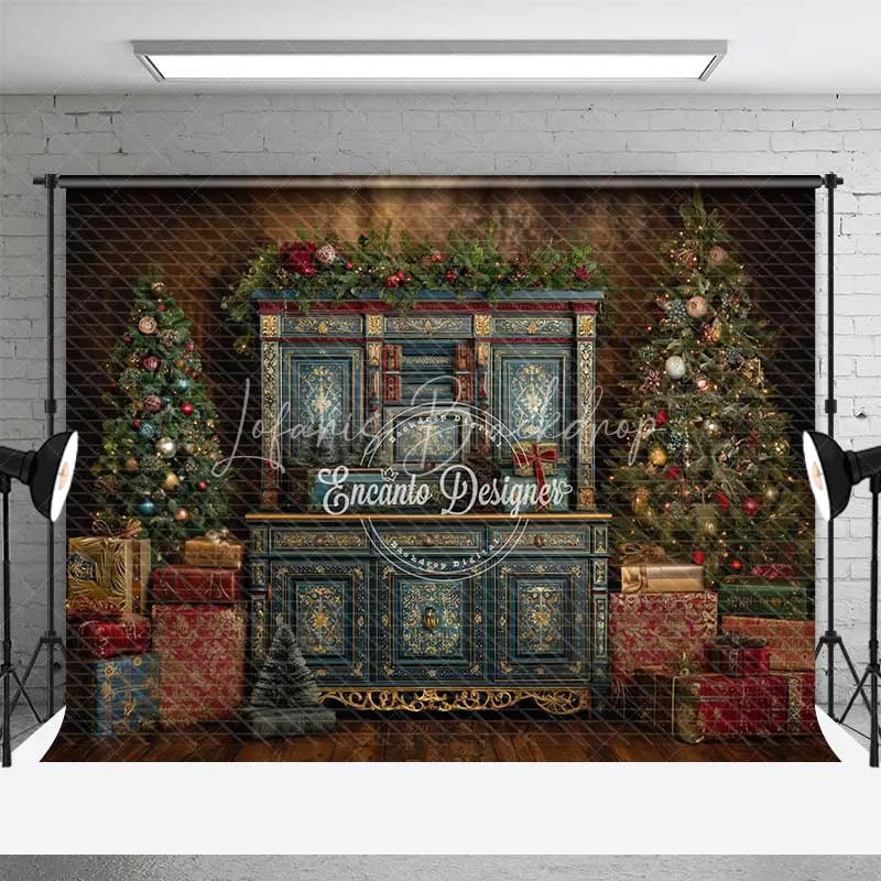 Lofaris Blue Vintage Cabinet Christmas Backdrop Gold Accent Gift Box Photography Background