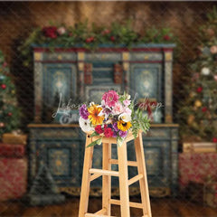 Lofaris Blue Vintage Cabinet Christmas Backdrop Gold Accent Gift Box Photography Background