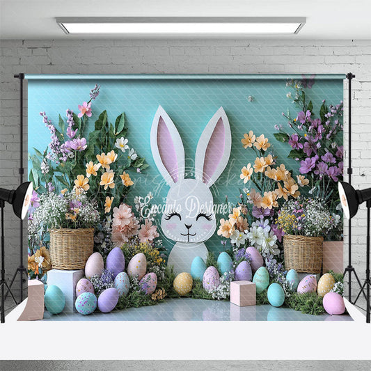 Lofaris Blue Wall Bunny Spring Floral Eggs Easter Backdrop
