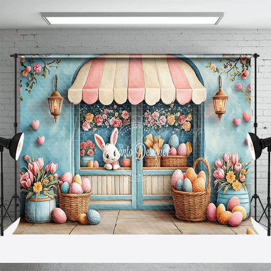 Lofaris Blue Wall Floral Eggs Bunny Easter Photo Backdrop