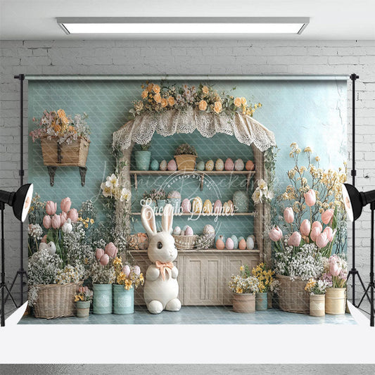 Lofaris Blue Wall Wood Egg Shelf Floral Bunny Easter Backdrop