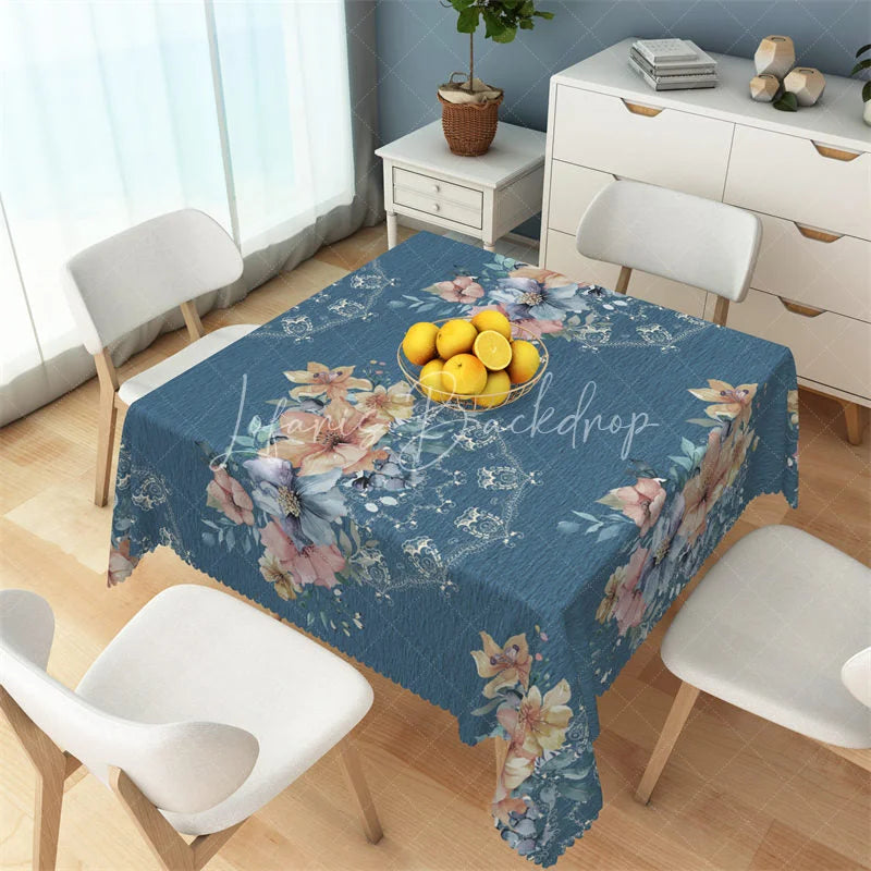 Lofaris Blue Watercolor Floral and Lace Rectangle Tablecloth Elegant Botanical Table Cover for Anniversary Party