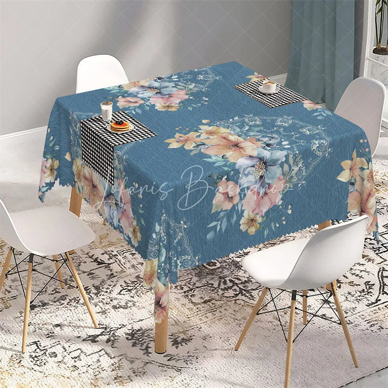 Lofaris Blue Watercolor Floral and Lace Rectangle Tablecloth Elegant Botanical Table Cover for Anniversary Party