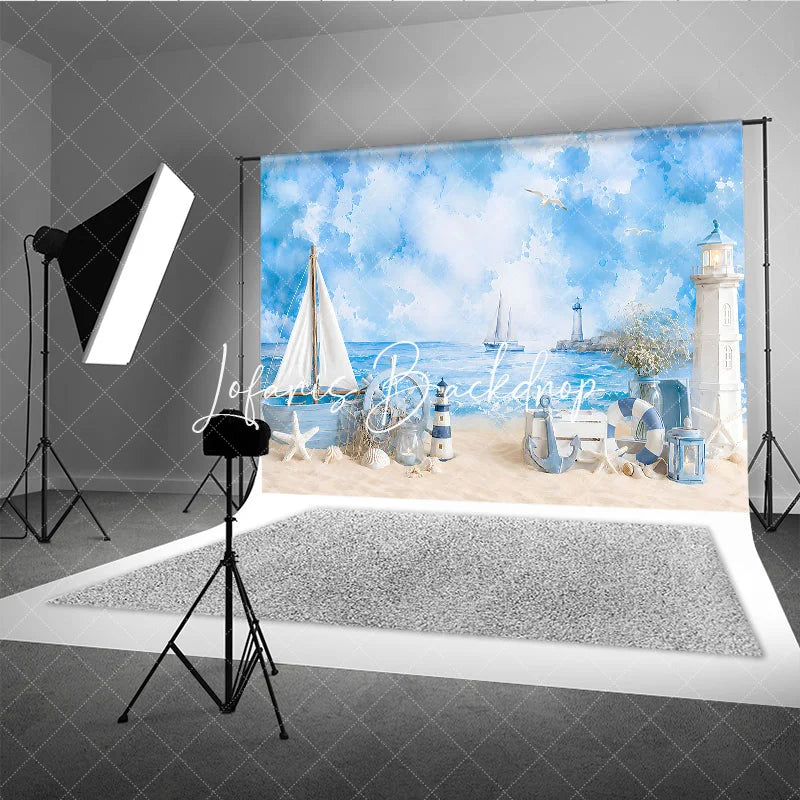 Lofaris Blue Watercolor Nautical Beach Photography Backdrop with Sailboat Lighthouse and Ship’s Wheel Summer Baby Shower Decor