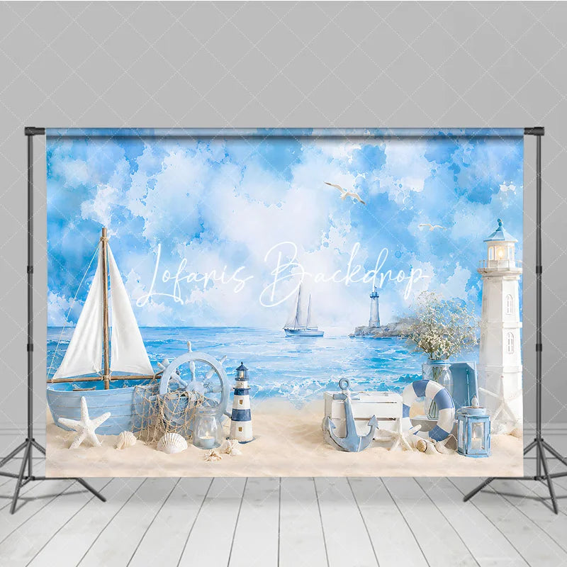 Lofaris Blue Watercolor Nautical Beach Photography Backdrop with Sailboat Lighthouse and Ship’s Wheel Summer Baby Shower Decor