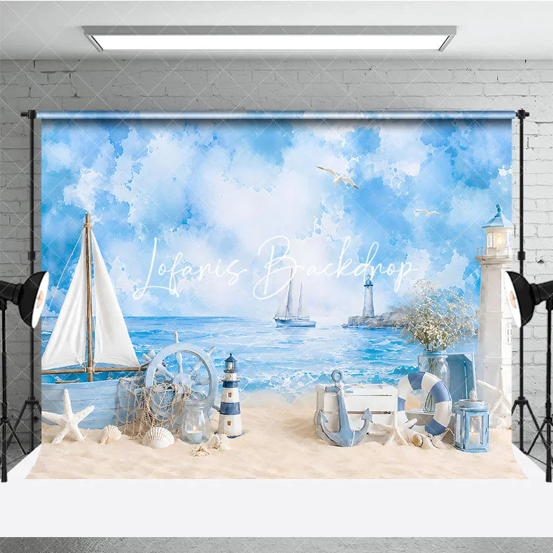 Lofaris Blue Watercolor Nautical Beach Photography Backdrop with Sailboat Lighthouse and Ship’s Wheel Summer Baby Shower Decor