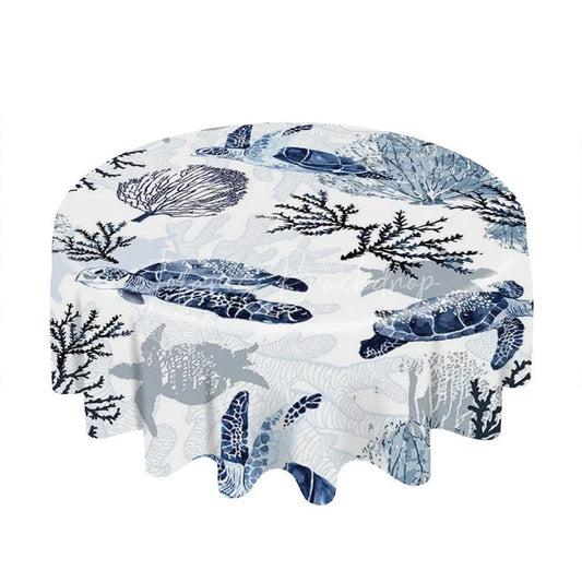 Lofaris Blue Watercolor Sea Turtle and Coral Round Tablecloth Ocean Themed Party Decor for Summer Events
