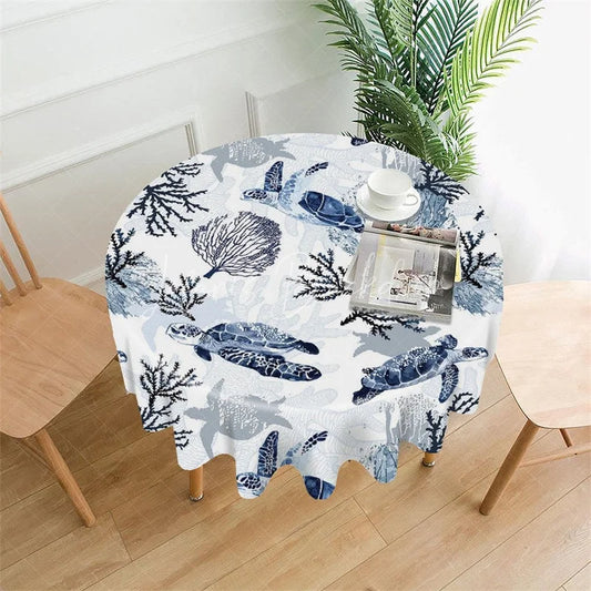 Lofaris Blue Watercolor Sea Turtle and Coral Round Tablecloth Ocean Themed Party Decor for Summer Events
